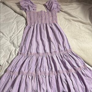 O.P.T.  Daphne Lilac Midi Dress size L euc rushing upper and tiered maxi